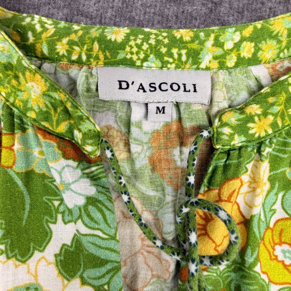 D'Ascoli Green Floral Cotton Hand Woven Mini Dress Womens Medium Boho Tassel Tie - Picture 3 of 9